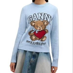 NEW GANNI teddy graphic wool sweater in baby blue